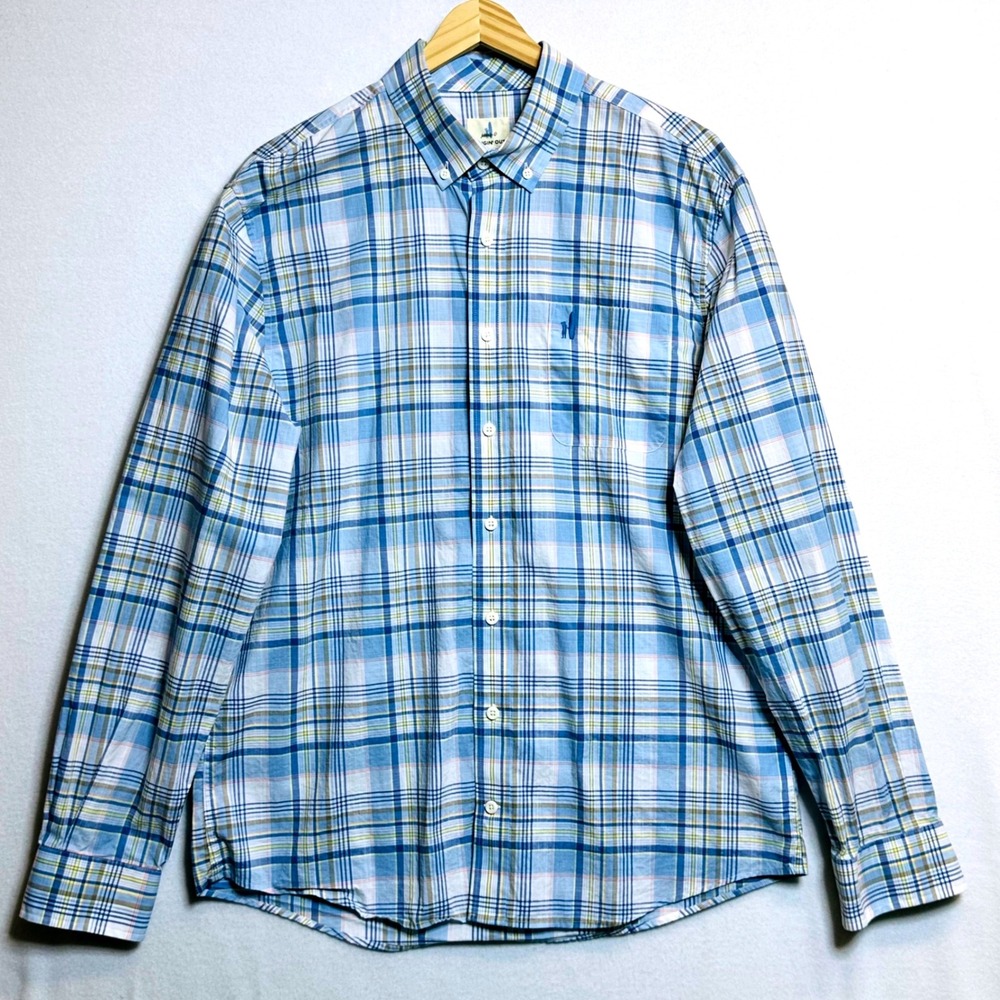 Johnnie-O Button Down Shirt Mens Large Blue Plaid Hangin Out Cotton